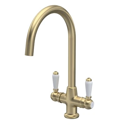 Nuie Cruciform Brushed Brass Kitchen Sink Mixer Tap & Ceramic Dual Lever Handle - Image 1 of 4