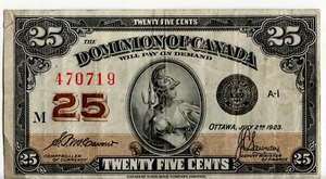 Dominion of Canada 1923 25 Cents Shinplaster McCavour-Saunders VF Margin Tear - Picture 1 of 2