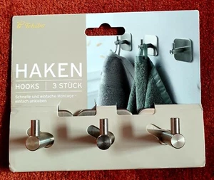 Tchibo 3 silberne selbstklebende Badhaken Handtuchhaken 3M Klebestreifen Neu - Bild 1 von 3