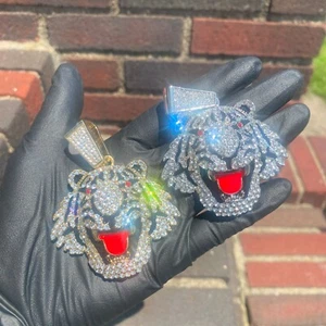 Silver Plated Alloy Tiger Head Pendant Iced Cubic Zirconia Luxury Hip Hop Charm - Picture 1 of 9