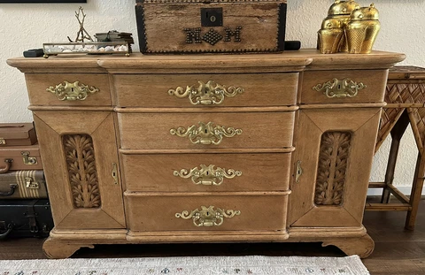 Antique Oak Sideboard Buffet Chest Cabinet Large Brass Hardware Raw Wood Cover