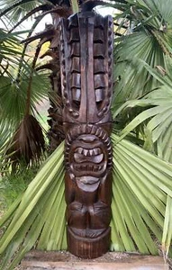 Lono Hawaiian Tiki Mask Traditional Statue Wood Carving Tropical Bar 39"x 8" - Picture 1 of 4