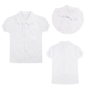 Kids Girls' White Short Puff Sleeve Button-Down Shirt Blouse School Uniforms Top - Picture 1 of 17