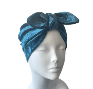 Teal Blue Soft Bow Velvet Turban Hat Head Wrap Comfy Luxury Velvet Winter 1940s - Picture 1 of 11