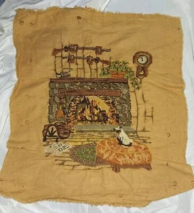 Vintage 70s Finished Hunting Lodge Cats Crewel Embroidery Needlework 16" x 14” - Picture 1 of 2