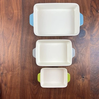 Set of 3 Crate & Barrel Casserole Baking Dish Stoneware Blue Gray Green - Image 1 of 4