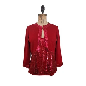 Boston Proper Red Sequin Sweater Tank + Bolero Cardigan Twinset L  JO - Bild 1 von 8