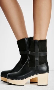 Swedish Hasbeens Chunky Hippie Clog Boot Sherling Suede Leather 40 US 10 - Picture 1 of 12