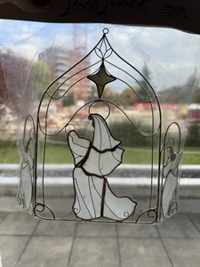 Stained Glass Christmas Window Decoration Capiz Shell Virgin Mary Baby Jesus 80s - Picture 1 of 20
