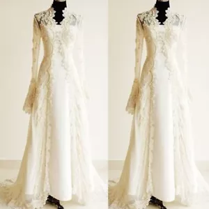 Vintage Wedding Dresses with Long Lace Jacket Satin Long Sleeves Bridal Gowns - Picture 1 of 9