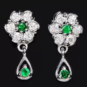 925 SILBER BLUME OHRRING NATÜRLICHER GRÜNER SMARAGD RUND & WEISS CZ EDELSTEIN - Bild 1 von 6