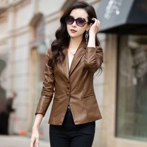 Women's Leather Jacket Ladies Leather Suit Coat Short Autumn New Jacket XXS-XL - Picture 1 of 8