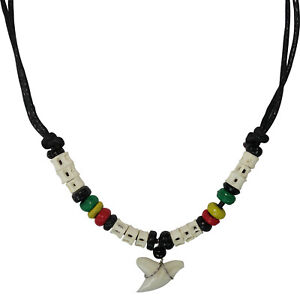 Shark Tooth Pendant Black Cord Chain Rasta Beads Surfer Necklace Mens Jewellery