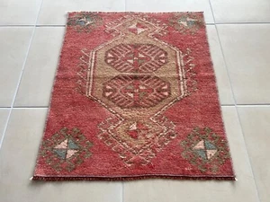 2x2 ft Vintage Turkish Rug โ Hand Knotted Red Wool Low Pile Turkish Carpet - Picture 1 of 10