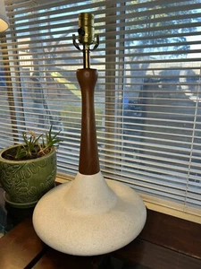 Vintage MCM Danish Teak Walnut Wood White Ceramic Table Lamp (NO SHADE) - Picture 1 of 11