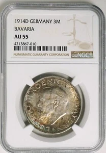 GERMANY-BAVARIA 1914-D LUDWIG III 3 MARK 1 YEAR TYPE SCARCE,NGC-AU-55 TONING - Picture 1 of 2