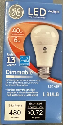 GE LED Daylight A19 Bulbs 6 Watt 40 Watt Replacement Dimmable 480 Lumens - Image 1 of 4