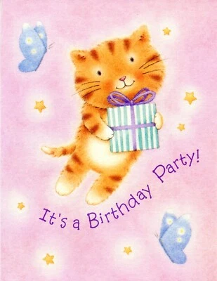 LOT OF 5 HALLMARK BIRTHDAY PARTY Invitation Cards + Envelopes, Cute Cat Present - Image 1 of 4
