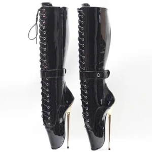 NEW 7.1" HIGH HEEL STILETTO METAL HEEL SPIKE ZIP UP LACE BALLET KNEE HIGH BOOTS - Foto 1 di 7