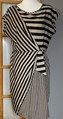 Gabby Skye Striped Mini Dress Sz 14 Beige Black Side Tie Workwear Party Wedding - Image 1 of 4