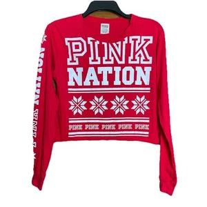 NWOT PINK Victoria Secret RED Christmas Holiday Crop Top Long Sleeve Shirt Sz S - Picture 1 of 11