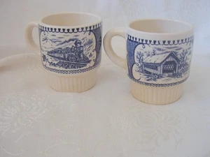 2 Japan Currier & Ives By Royal Stacking Mugs / Covered Bridge & Train - Picture 1 of 3