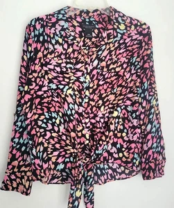 Investments Petites Blouse top colorful print long roll tab sleeve sz PM tie - Picture 1 of 12