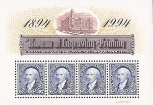 US Stamp 1994 Bureau of Engraving & Printing 4 Stamp Souvenir Sheet #2875 - Picture 1 of 1