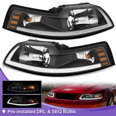 LED DRL Headlights For 1999-2004 Ford Mustang GT Black Housing Amber Corner - Image 1 of 4