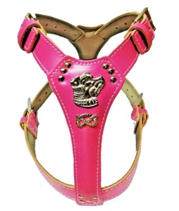 Deep Pink Leather Dog Harness with Staffordshire Bullterrier Head Motif & Knot - Picture 1 of 1