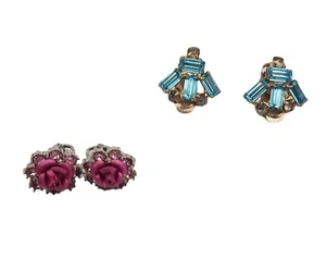 Vintage Lot Of 2 Rhinestone Clip Earrings Pink Rose Teal Blue Pretty 1 is Avon - Picture 1 of 10