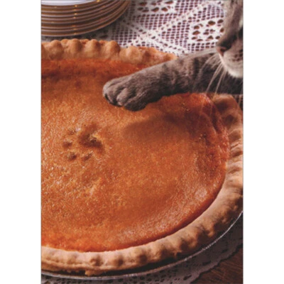 Pumpkin Pie with Cat Paw Print and Outstretched Paw Funny Thanksgiving Card - Image 1 of 2