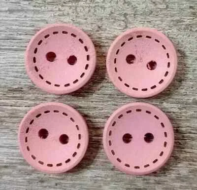 wood colors sewing buttons 2 holes pink stitches 3/4 inch 20mm 4pc - Image 1 of 2