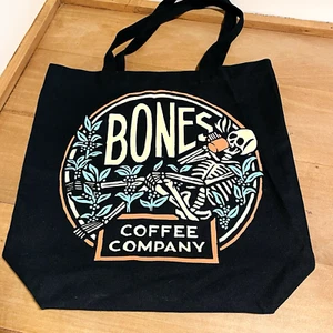 Bones Coffee Tote Canvas Bag Black Skeleton Grocery 15" x 16" Shopping Reusable - Picture 1 of 5
