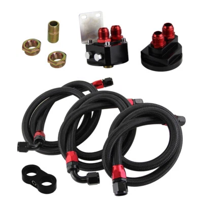 Oil Filter Relocation Sandwich Adapter+Steel/Nylon Braided AN10 Hose Kit Black - Image 1 of 4