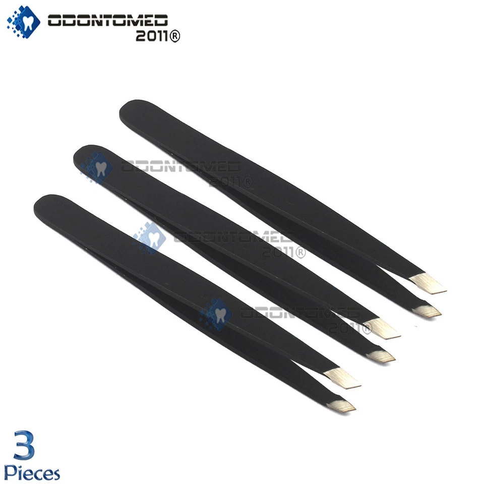 ODM 3 PCS Stainless Steel Slant Tip Tweezer, Eyebrow Hair Remover (Black) Health "