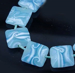 8 Handmade Lampwork Glass "Blue Dream" Swirl Square Beads 14mm - Picture 1 of 3