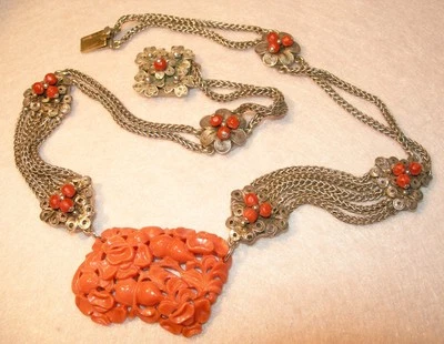 Antique Chinese Carved Coral Gourd Flower Pendant Sterling Silver Necklace 16.5" - Image 1 of 4