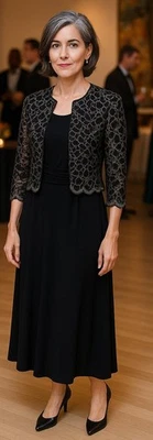 Jessica Howard Black Lace Jacket Dress Set Sz 8 Elegant Formal Evening Wedding - Image 1 of 4