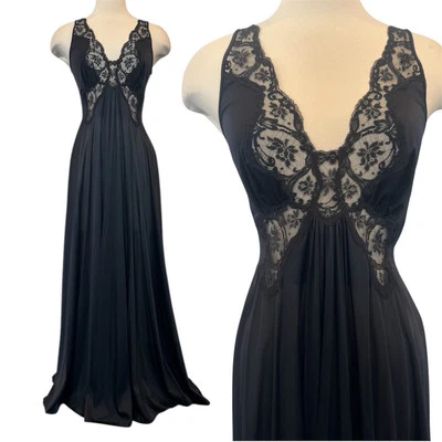 Vintage OLGA Black Silky Nylon Lace Bodysilk Maxi Gown Slip Dress Nightgown L - Image 1 of 4