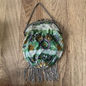 Antique Glass Iridescent Micro Beaded Floral Purse with Fringe & Heron Clasp - Picture 1 of 18