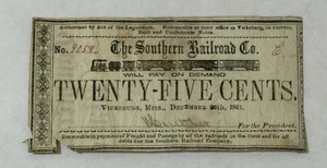 1861 FÜNFUNDZWANZIG CENT Southern Railroad Co VICKSBURG MISSISSIPPI Schein BÜRGERKRIEG - Bild 1 von 5