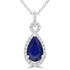 1.39 CT Pear Blue Sapphire Halo Pendant Necklace 14K White Gold