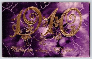 New Year~Large Gold Leaf Art Nouveau Number 1910 on Purple Marble Back~Saxony PC - Picture 1 of 2
