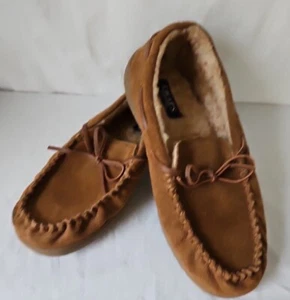 Chaps Slippers Moccasin Faux Fur Lined Brown Suede Upper Hard Sole Mens Size 8-9 - Picture 1 of 7