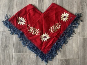 VINTAGE 1940s MEXICAN WOOL PONCHO RED, EMBROIDERED SUN FLOWERS, FRINGE - Picture 1 of 11