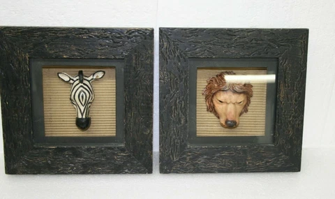 Two African Tribal Jungle Zebra & Lion Shadow 3D Box Wall Decor Pictures 7 3/4" Cover