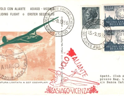 ITALY Air Mail 1956 Cover GLIDER FIRST FLIGHT Asiago Vicenza {samwells}MA418 - Image 1 of 4