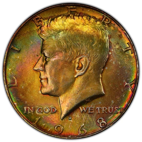 Rainbow Toned 1968-D JFK Kennedy Half Dollar PCGS MS62 40% Silver Colors Rare Cover