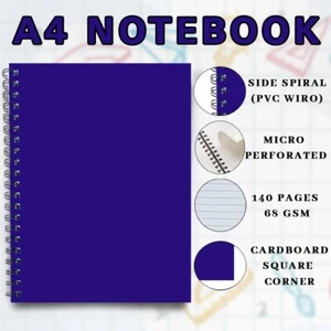 A4 Wire Bound Hard Cover Notebook 140 Ruled Pages Perforated 68 GSM Thick - Blue - Picture 1 of 9